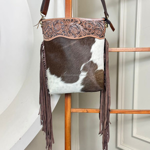 Mode dames frange usiné à la main en cuir sac à bandoulière grande capacité en cuir de vachette véritable conception florale sac à main pour femmes - Product Image 4