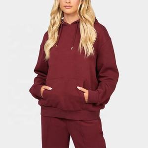 Sudadera con capucha y cuello caído para mujer al por mayor, de color liso, con cordón, ajuste oversize, ropa deportiva para gimnasio con bolsillo canguro - Product Image 1