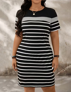 Plus Size Women's Striped Crew Neck Short Sleeve Knitted 100% Cotton Eco-Friendly Dress Casual Style Black White Pattern Regular - Product Image 5