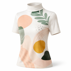 Vente en gros de t-shirts à col roulé décontractés à manches courtes pour femmes avec logo sur le devant - 100% coton, service OEM - Product Image 3
