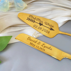 Juego de Cuchillo y Servidor de Pastel de Acero Inoxidable de Alta Calidad con Diseño de Mango con Corte Dorado Hecho a Mano para Bodas - Product Image 3