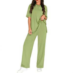 Women's 2 Piece <b>Knitted</b> <b>Set</b> Solid Green Loose Fit O-Neck Short Sleeve Pants Full Length Casual All Seasons Breathable Daily Wear - Product Image 3
