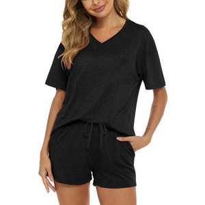 Conjunto de 2 Piezas para Mujer, Shorts y Camiseta de Manga Corta con Cuello en V, Color Sólido, Tejido Transpirable, Corte Holgado, Por Encima de la Rodilla, con Bolsillos, Casual, Primavera-Verano - Product Image 4