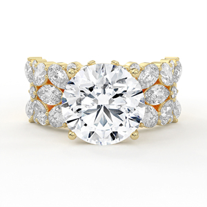 Bague opulente en or jaune large avec diamant rond brillant, mosaïque botanique et grappe de diamants poire et marquise, bijou de déclaration - Product Image 1