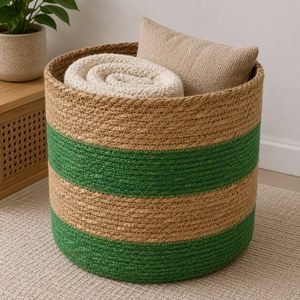 Panier de pique-nique en jonc de mer tressé au design innovant avec couvercle, organisateur de rangement en corde naturelle, style traditionnel décoratif, capacité 6-10L - Product Image 1