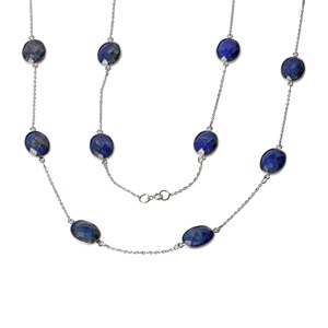 Natural Lapis Lazuli Station <b>Necklace</b> 925 Sterling Silver Bezel Set <b>Long</b> Gemstone Chain <b>Necklace</b> for Women - Product Image 3