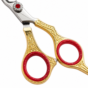Ciseaux de coiffure professionnels en acier inoxydable, lame tranchante, manche doré, décoré d'une pierre rouge, pour droitiers - Product Image 2