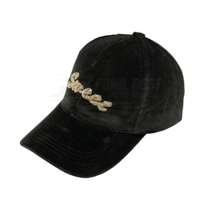Gorra de Béisbol Negra de Moda para Primavera/Otoño, Fabricada al por Mayor, 100% Poliéster, Unisex, con Pedrería de Terciopelo - Product Image 3