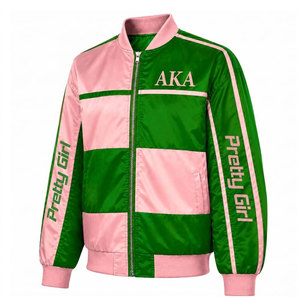 Alpha | Kapa | Alpha Sorority Pretty Women Varsity <b>Jacket</b> Green & <b>Pink</b> Color Block Zipper Front Logo AKA Women's Baseball <b>Jacket</b> - Product Image 2