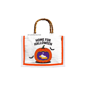 Bolsa de lona bordada con fantasmas de Halloween, personalizada, al por mayor, con asa de bambú, estilo otoñal, para compras. - Product Image 4