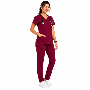 Custom Unisex Medical <b>Scrubs</b> Set Solid Color V Neck Nurse <b>Uniform</b> Stretch Knitted Clinic Jogger Pants Top Hospital - Product Image 2
