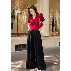 Blusa roja con cuello en V y manga corta para mujer, blusa con mangas abullonadas y detalle de lazo, top corto femenino para fiesta, estilo informal THETIS - Product Image 2