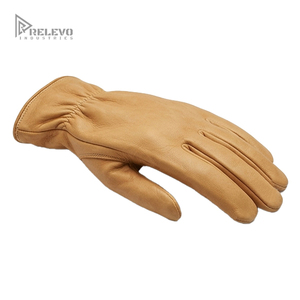 Custom Men's Natural Tan Leather Work <b>Gloves</b> Genuine Deerskin Cowhide Driving <b>Gloves</b> <b>Suede</b> Palm Keystone Thumb Elastic Wrist - Product Image 1