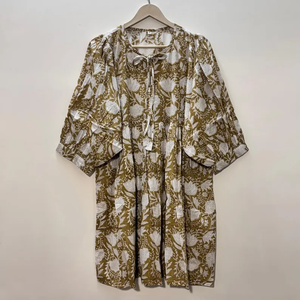 Vestido Casual Midi de Algodón Tejido con Estampado Floral para Mujer, Mangas Abullonadas, Cintura Imperio, Estilo Babydoll, Cuello en V, Corte Holgado - Product Image 1