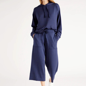 Conjunto Deportivo Azul Marino con Capucha para Mujer, Manga Larga, Corte Holgado, Color Sólido, Cintura con Cordón, Pantalones Anchos, Ropa Casual de Otoño - Product Image 1
