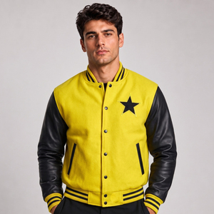 Veste universitaire jaune pour homme avec manches en cuir noir, broderie étoile, fermeture boutonnée, style décontracté, coupe classique, idéale pour l'automne - Product Image 1