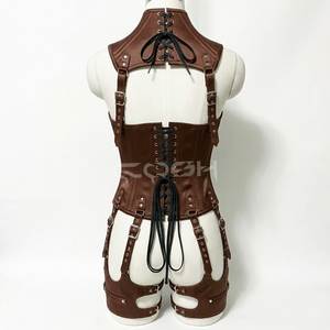 คอร์เซ็ตผ้าซาตินสีน้ำตาลเสริมโครงเหล็กแบบ Underbust พร้อมคอร์เซ็ตคล้องคอและสายรัดต้นขาปรับได้ - Product Image 4