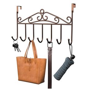 <b>Gold</b> Over-the-Door Hook Rack with Storage Basket 7 Hooks Metal Hanging Organizer for Bathroom Bedroom Kitchen - Product Image 3