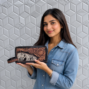 Fashionable Hot Selling Hand Tooled Cowhide Leather Travel Organizer Large Capacity Zipper Hanging Cosmetic <b>Makeup</b> Bag for Women - Product Image 3