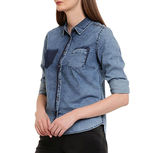 Camisa de Mezclilla para Mujer, Blusa de Manga Larga con Botones, Top Informal de Corte Regular, Azul, Elegante, con Bolsillos, Estampado, Transpirable, para Verano - Product Image 1