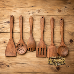 Juego de utensilios de cocina de madera natural de 6 piezas, juego de cubiertos rústicos hechos a mano con espátula, cucharas, espátula ranurada y - Product Image 1