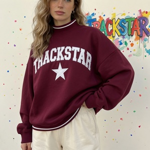 Sweat-shirt oversize à col montant bleu marine pour femme, broderie Trackstar, rayures fines blanches, pull épais - Product Image 2