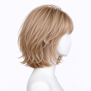 Peluca de Cabello Humano con Flequillo Fino, Estilo Bob Deshilachado en Capas con Reflejos Rubio Claro - Product Image 5
