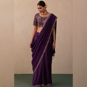 Premium Quality <b>Purple</b> Indian Long Anarkali Designer Silk <b>Saree</b> with Embroidery Work Customizable Blouse for Women Adults - Product Image 1