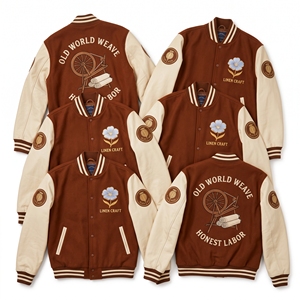 Blouson universitaire de marque en laine beige avec manches en cuir vert, broderie Farmstead Barn Wheat, style Letterman, manteau de baseball - Product Image 2