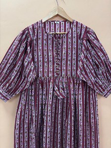 <b>Boho</b> Style Striped Hand Block Print Cotton Midi <b>Dress</b> With Tie-Neck Short Sleeve <b>Summer</b> Casual <b>Dress</b> For Women - Product Image 2
