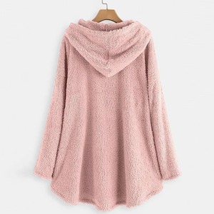 Grey Fleece Hoodie Women <b>Cat</b> Print Fluffy <b>Plush</b> Pullover Button Hooded Sweatshirt Warm Winter Casual Curved Hem Top - Product Image 6