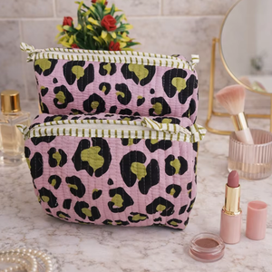 Leopared Green Purple Floral Block Printed Durable Cotton Zipper <b>Makeup</b> <b>Case</b> Indian Pouches Travel Cosmetic Practical - Product Image 1