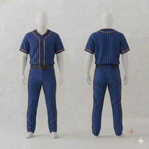 Uniforme de Béisbol Personalizado para Hombre, Jersey Azul a Rayas con Ribete Marrón, Pantalones Azules a Rayas con Cinturón Marrón, Conjunto de Ropa Deportiva para Equipo - Product Image 1
