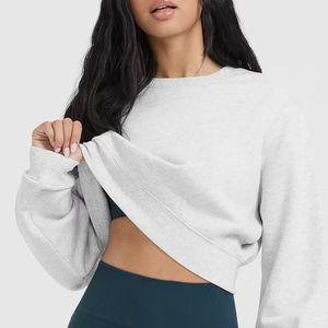 Sudadera con capucha de algodón para mujer, ligera, deportiva, cuello redondo, top corto, sudadera corta, informal, estilo urbano, hombros caídos, tejida - Product Image 3