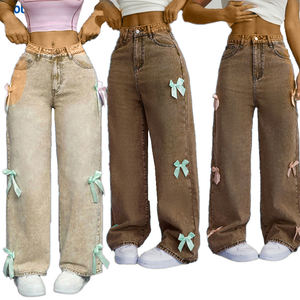 Nuevos Jeans de Moda para Mujer, Estilo Moderno, de Algodón, Anchos, Casuales, Simples, con Lazos, Lavados, de Cintura Alta, Lavables - Product Image 6