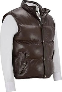 Men Chocolate Brown <b>Quilted</b> Puffer Genuine Leather Vest <b>Winter</b> Waistcoat - Product Image 5