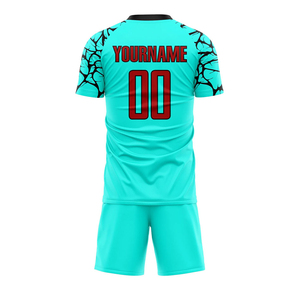 Ensemble d'uniformes de football unisexe, turquoise et noir, motif craquelé, maillot sublimé, short à séchage rapide, 100% polyester, col rond - Product Image 2
