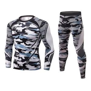 Ensemble de vêtements de sport pour hommes, chemise et leggings de compression, manches longues, imprimé, vêtements de sport MMA, gym, fitness, entraînement, tenue athlétique - Product Image 1