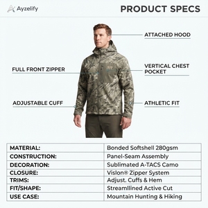 Custom Adults <b>Mens</b> Subalpine Macro-Disruption <b>Camo</b> Hunting Softshell <b>Jacket</b> Windproof DWR 280GSM Fleece Lined Zipper Closure - Product Image 5