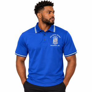 เสื้อโปโลสีน้ำเงินรอยัลสำหรับผู้ชาย แบรนด์ Phi Beta Sigma ปักลายตราสัญลักษณ์ แขนสั้น คอเสื้อแบบมีปลาย  สำหรับกลุ่มพี่น้อง  วิทยาลัย  ลำลอง  ทีมกรีก - Product Image 1
