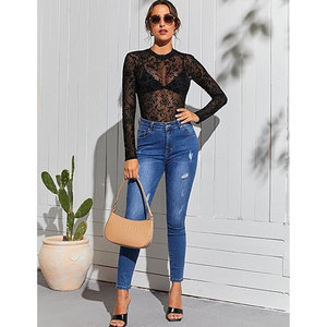 Body de malla transparente sexy de color liso con manga larga, transpirable y ajustado para mujer, ideal para la playa. - Product Image 2