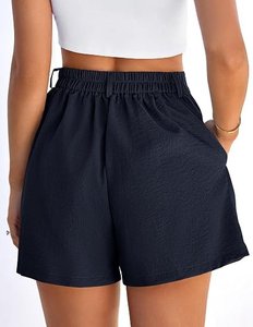 Shorts de Poliéster Azul Marino Lavado de Cintura Alta, Cómodos, con Cintura Elástica y Bolsillos, Corte Holgado Informal para Mujer - Product Image 1
