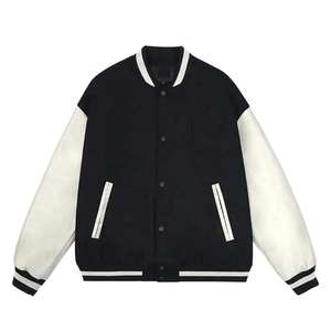 Chaqueta Varsity Negra y Blanca Personalizada para Hombre, Corte Regular, Cuello Camisero, Cierre de Botón, Prenda Exterior Casual de Primavera, Impermeable por Delante - Product Image 1