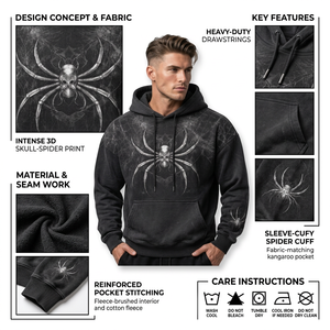 Sweat à capuche graphique personnalisé pour homme, coupe oversize, effet délavé vintage, style streetwear, motif araignée, poche kangourou, vente en gros - Product Image 3