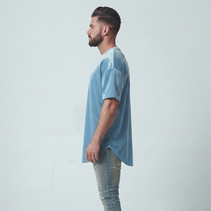 เสื้อยืดลำลองคอกลมแขนสั้นผ้าถักกำมะหยี่สำหรับผู้ชายทรงโอเวอร์ไซส์ระบายอากาศได้ดีสีพื้น - Product Image 3