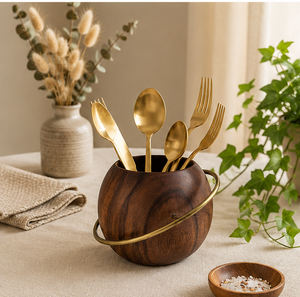 Porte-couverts et organisateur de cuisine multifonctionnel en bois Saturne Céleste fait main avec accent en laiton – Support durable - Product Image 6