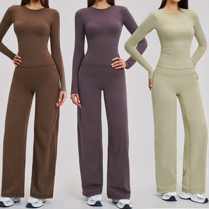 Conjunto de Yoga de 2 Piezas Personalizado para Mujer: Top Corto sin Mangas con Cuello Redondo y Pantalones de Pierna Ancha de Cintura Alta, Elásticos, de Secado Rápido, para Gimnasio, con Efecto Levanta Glúteos - Product Image 1