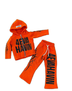 Chándal Naranja para Niños con Capucha, Manga Larga, Estampado de Letras, Corte Regular Informal, Ropa de Otoño, Bolsillos Laterales, Cierre de Cremallera - Product Image 1