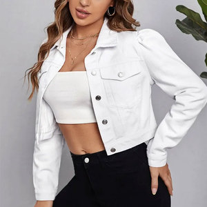 Vestes en jean bleu personnalisées pour femmes, manches bouffantes, coupe courte, décontractées, unies, 100 % coton, pour l'automne, l'été et l'hiver - Product Image 3