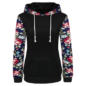 Sudadera con Capucha y Mangas Largas con Estampado Floral Negro para Mujer, Top Informal de Punto con Bolsillos para Otoño - Product Image 1